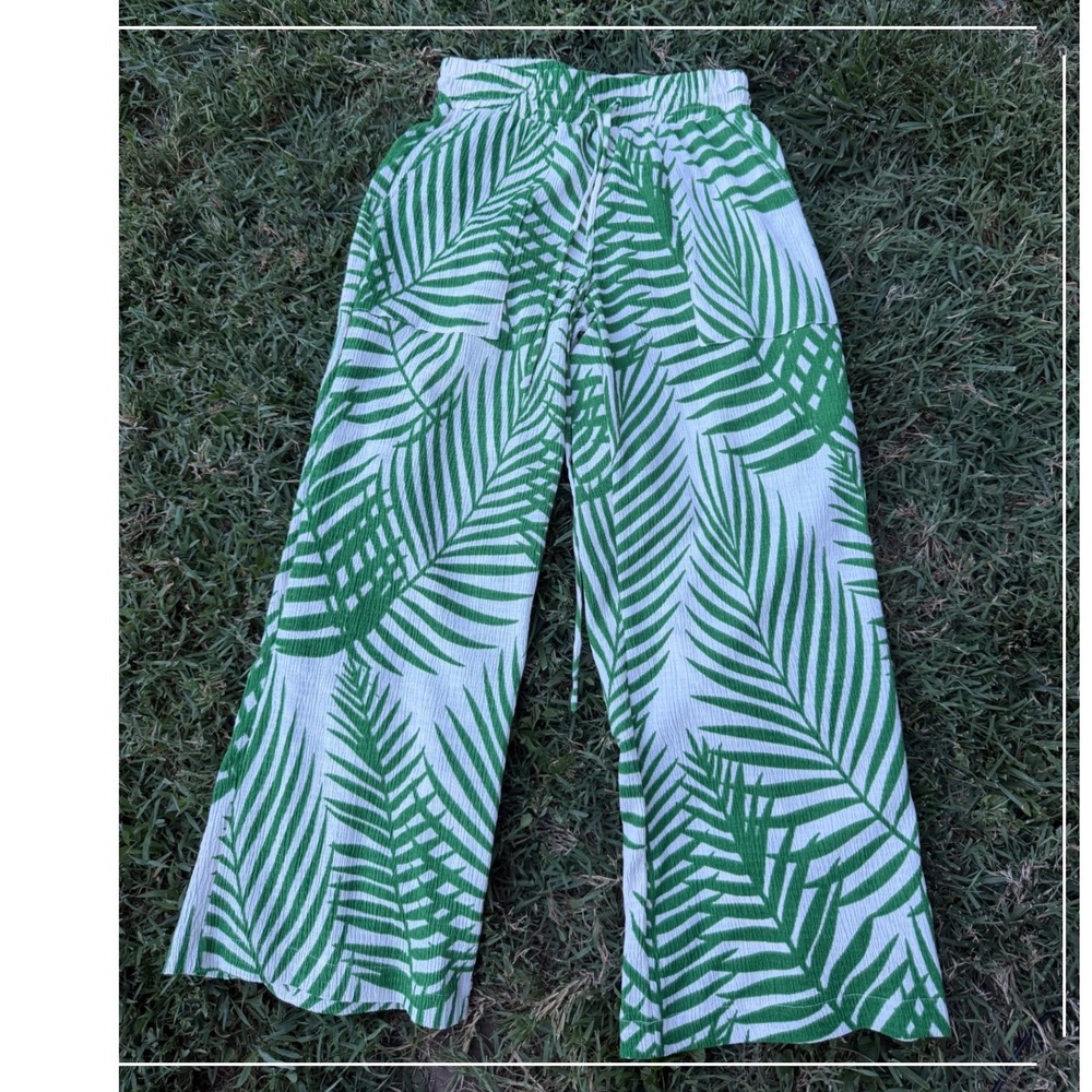 Astrologie California Green Palm Leaf Print Wide Leg Pants Petite Small NWT
